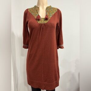 Free People Brown Embellished Mini Dress with 3/4 Sleeves